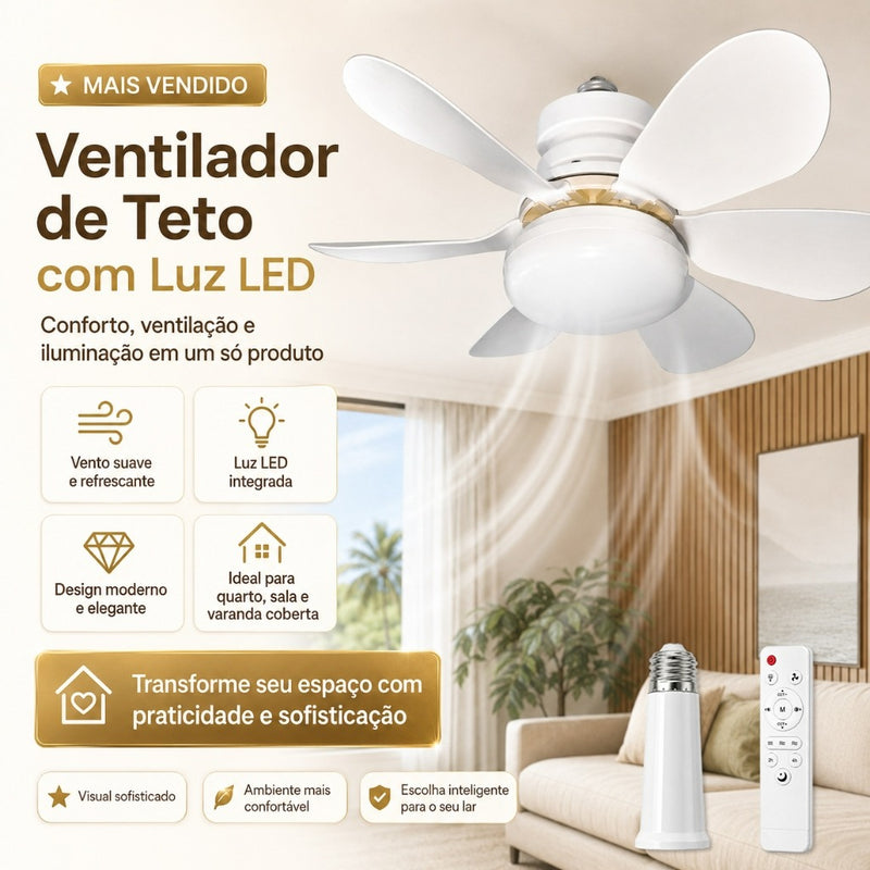 Ventilador  de Teto Silencioso LED 3 Cores com Controle Bivolt 6 Pás